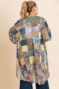 Sheer Mixed Print Long Puff Sleeve Kimono