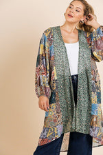 Load image into Gallery viewer, Sheer Mixed Print Long Puff Sleeve Kimono
