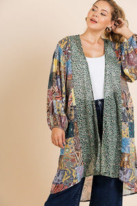 Sheer Mixed Print Long Puff Sleeve Kimono