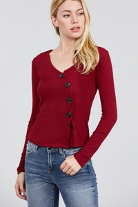 Long Sleeve Cross Wrap Button Detail Rib Knit Top