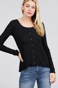 Long Sleeve Round Neck Button Rib Knit Top