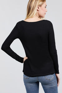 Long Sleeve Round Neck Button Rib Knit Top