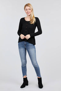 Long Sleeve Round Neck Button Rib Knit Top