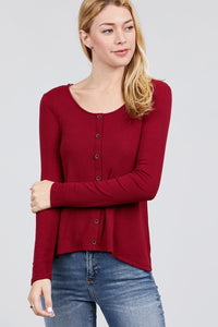 Long Sleeve Round Neck Button Rib Knit Top