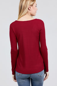 Long Sleeve Round Neck Button Rib Knit Top