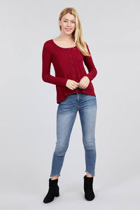 Long Sleeve Round Neck Button Rib Knit Top