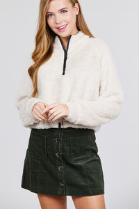 Long Dolman Sleeve Toggle Elastic Hem Faux Fur Top