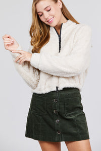 Long Dolman Sleeve Toggle Elastic Hem Faux Fur Top