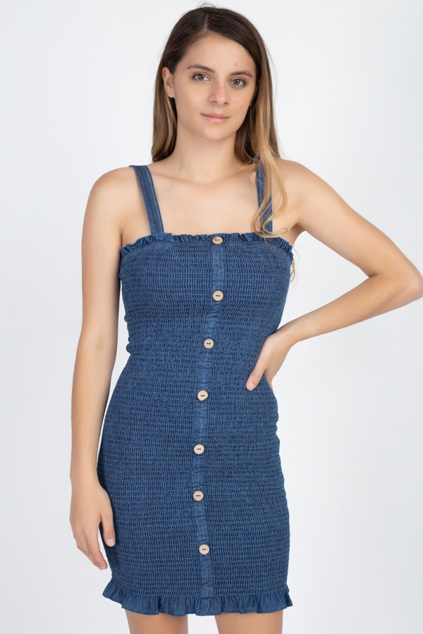 Denim Wash Smocked Mini Dress