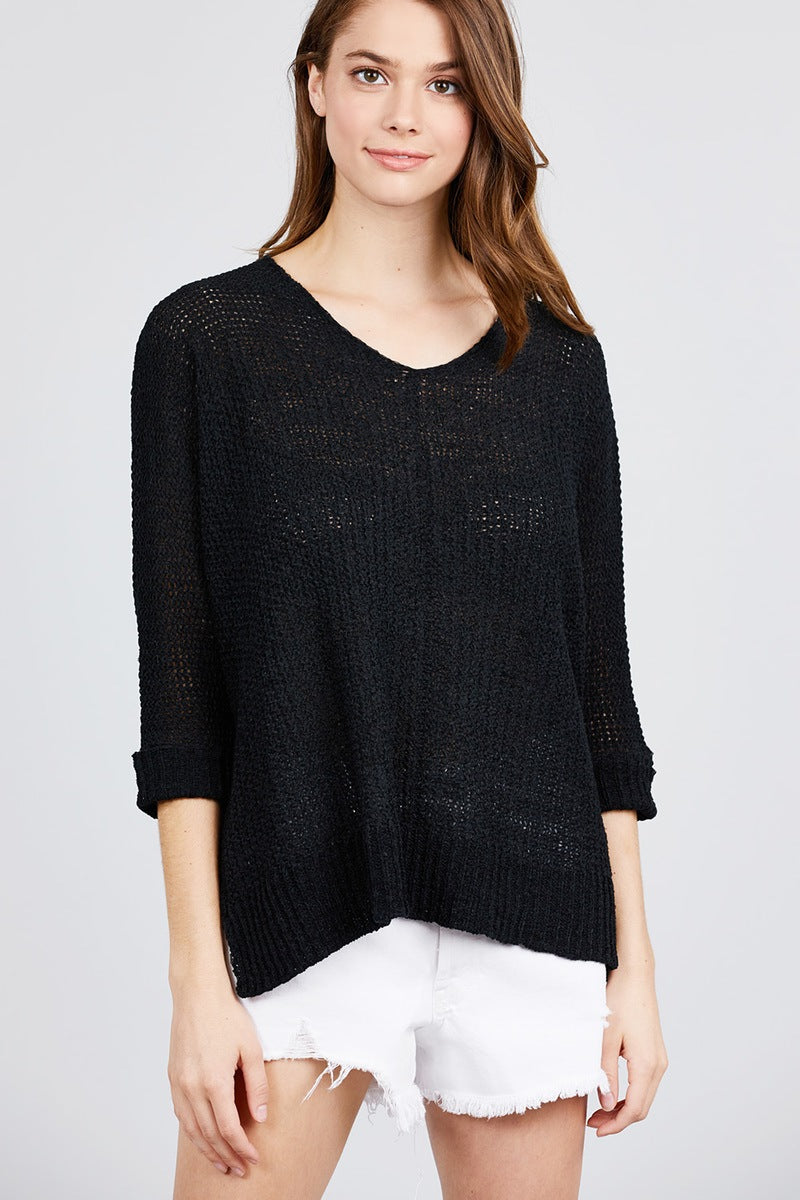 3/4 Sleeve Side Slits Fish Net Sweater Top