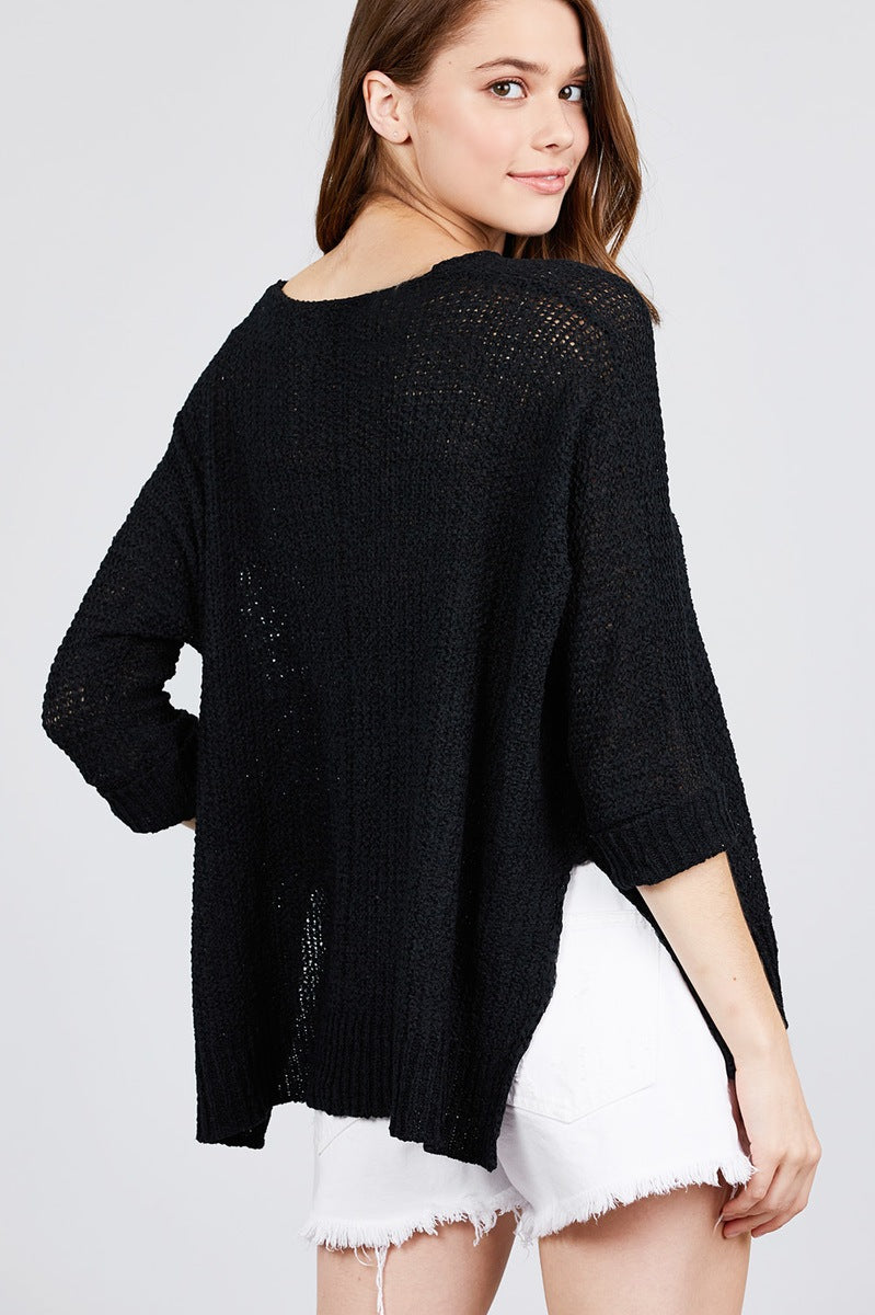 3/4 Sleeve Side Slits Fish Net Sweater Top