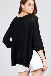 3/4 Sleeve Side Slits Fish Net Sweater Top