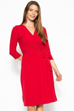 Load image into Gallery viewer, 3/4 Sleeve Overlapping Midi Dress with Belted Waist
