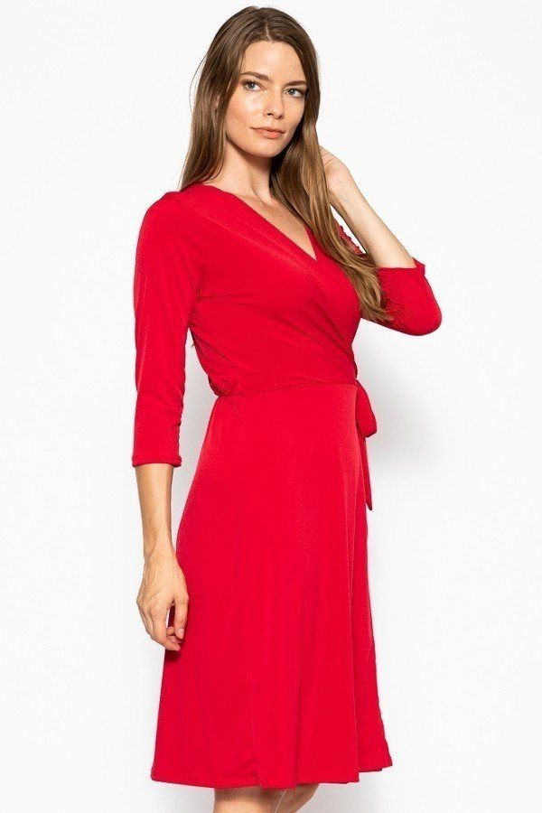 3/4 Sleeve Overlapping Midi Dress with Belted Waist