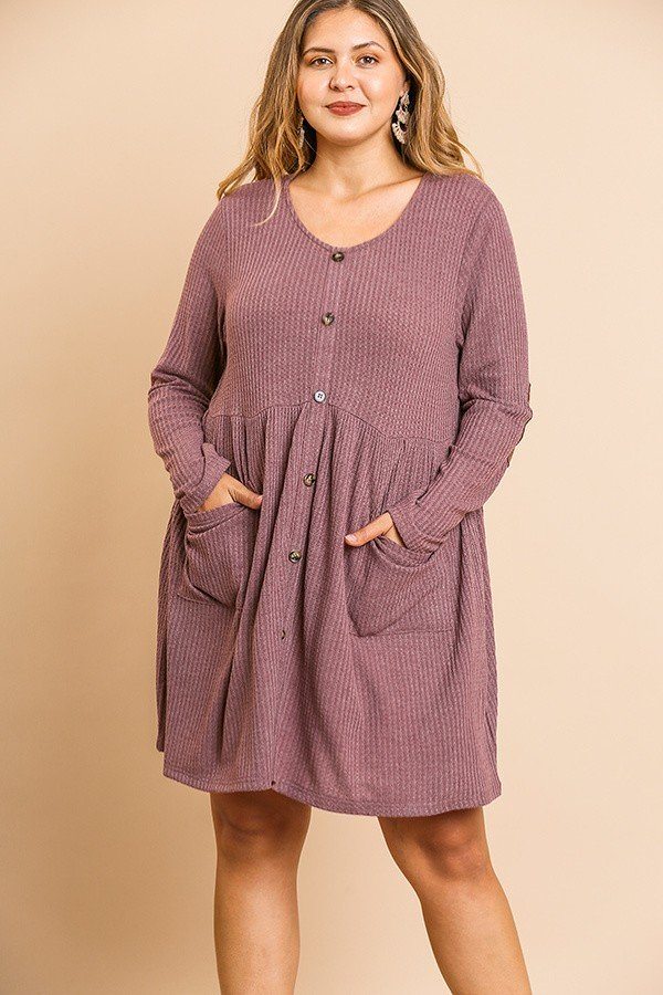 Waffle Knit Long Sleeve Faux Button Front Dress