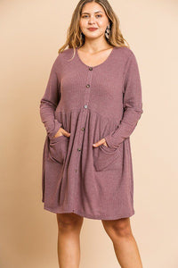 Waffle Knit Long Sleeve Faux Button Front Dress