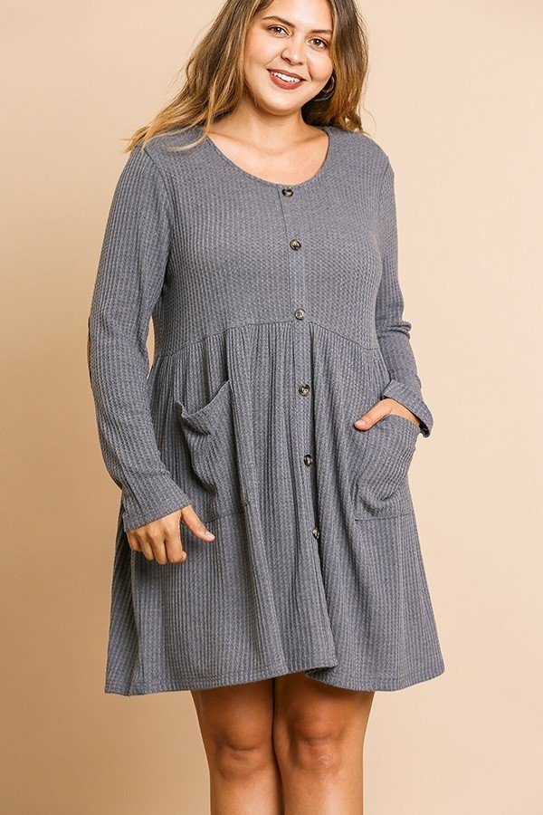 Waffle Knit Long Sleeve Faux Button Front Dress