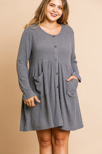 Waffle Knit Long Sleeve Faux Button Front Dress