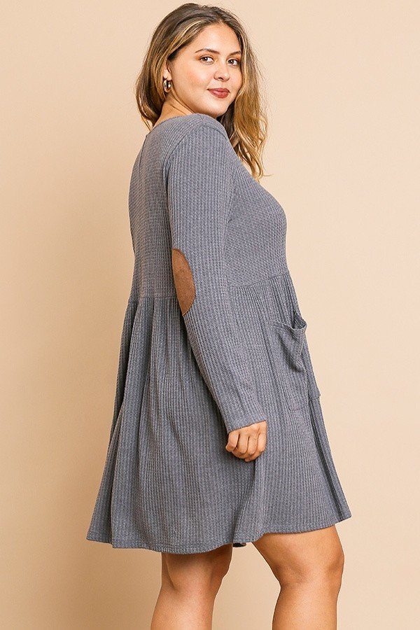 Waffle Knit Long Sleeve Faux Button Front Dress