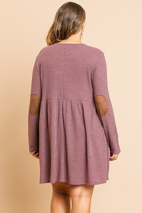 Waffle Knit Long Sleeve Faux Button Front Dress