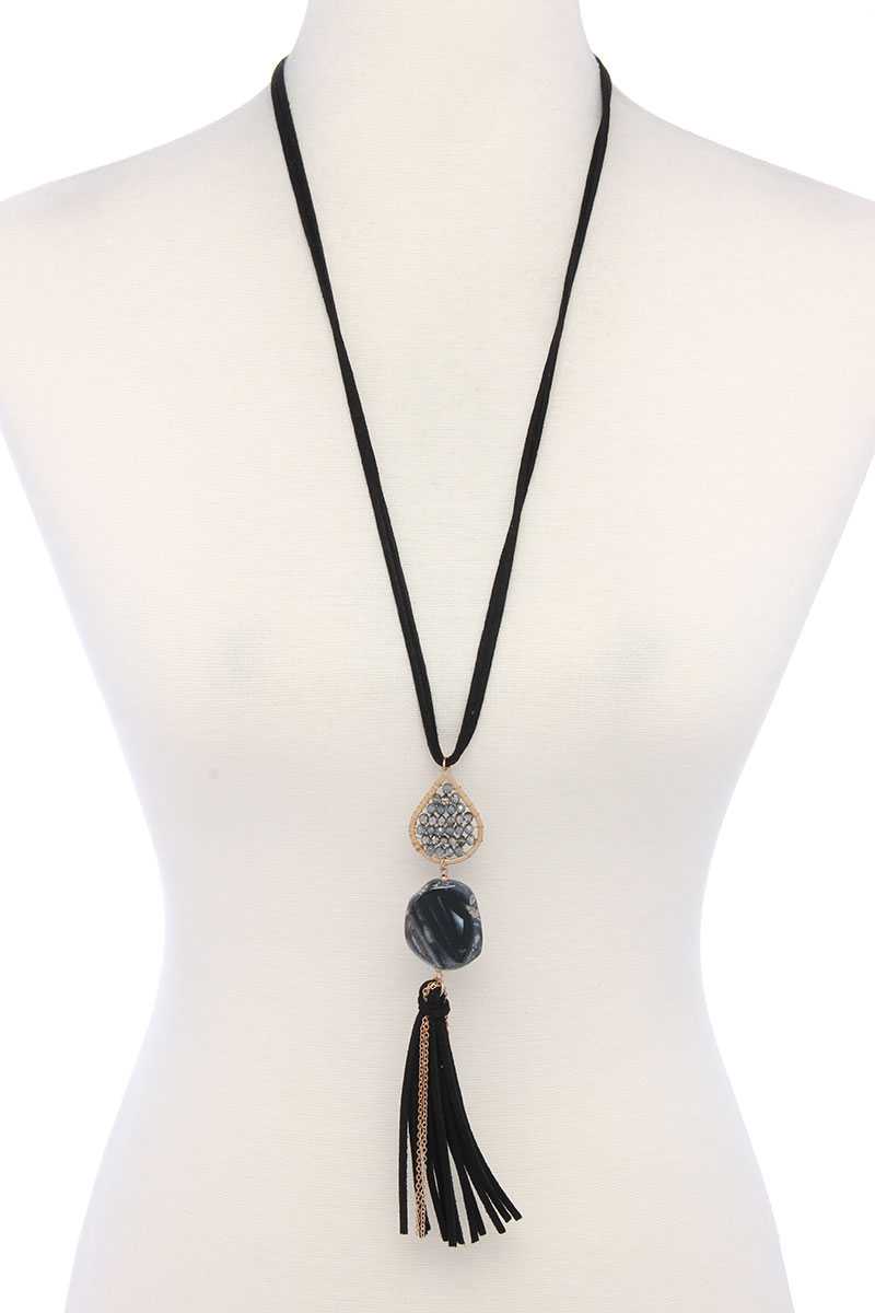 Teardrop Shape Beaded Stone Tassel Pendant Necklace