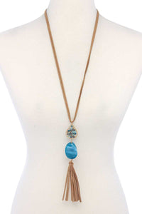 Teardrop Shape Beaded Stone Tassel Pendant Necklace