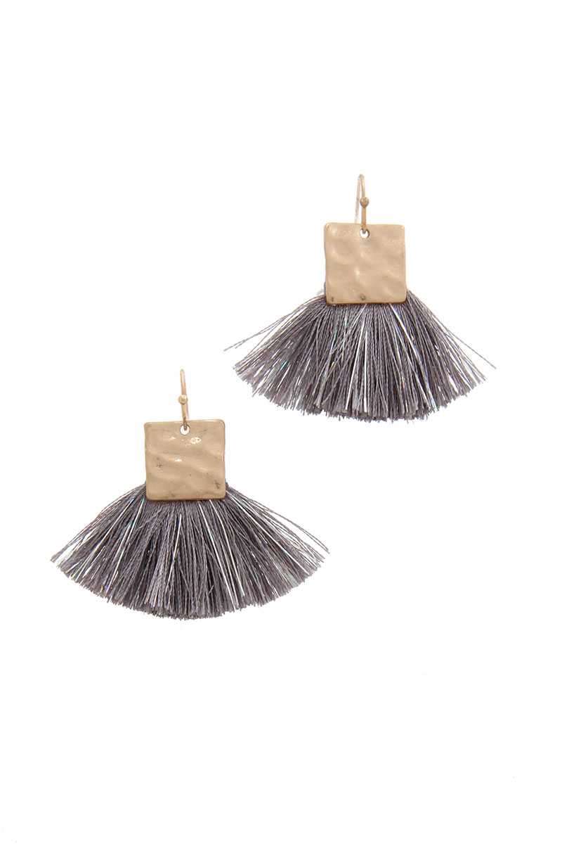 Hammered Metal Square Fan Tassel Drop Earring