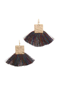 Hammered Metal Square Fan Tassel Drop Earring