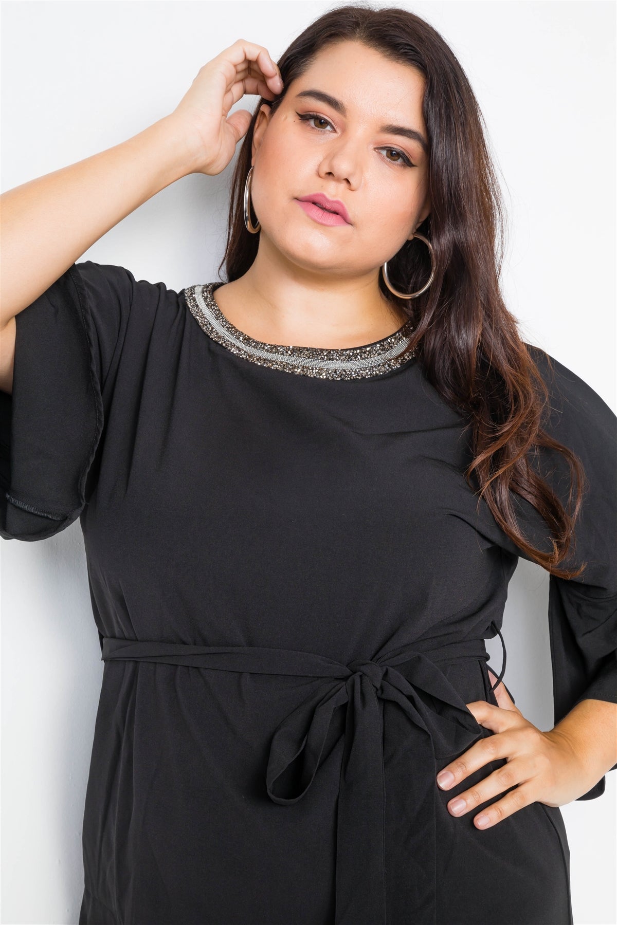 Plus Size Beaded Neckline Mini Dress