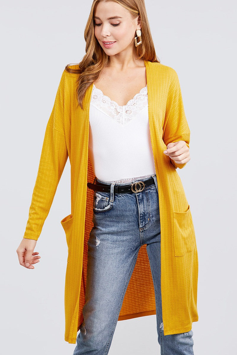 Long Sleeve Pointelle Rib Long Cardigan with Pockets