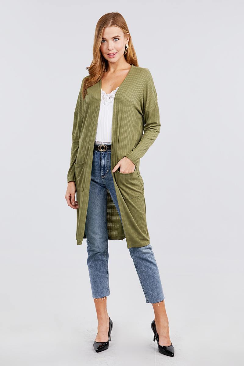 Long Sleeve Pointelle Rib Long Cardigan with Pockets