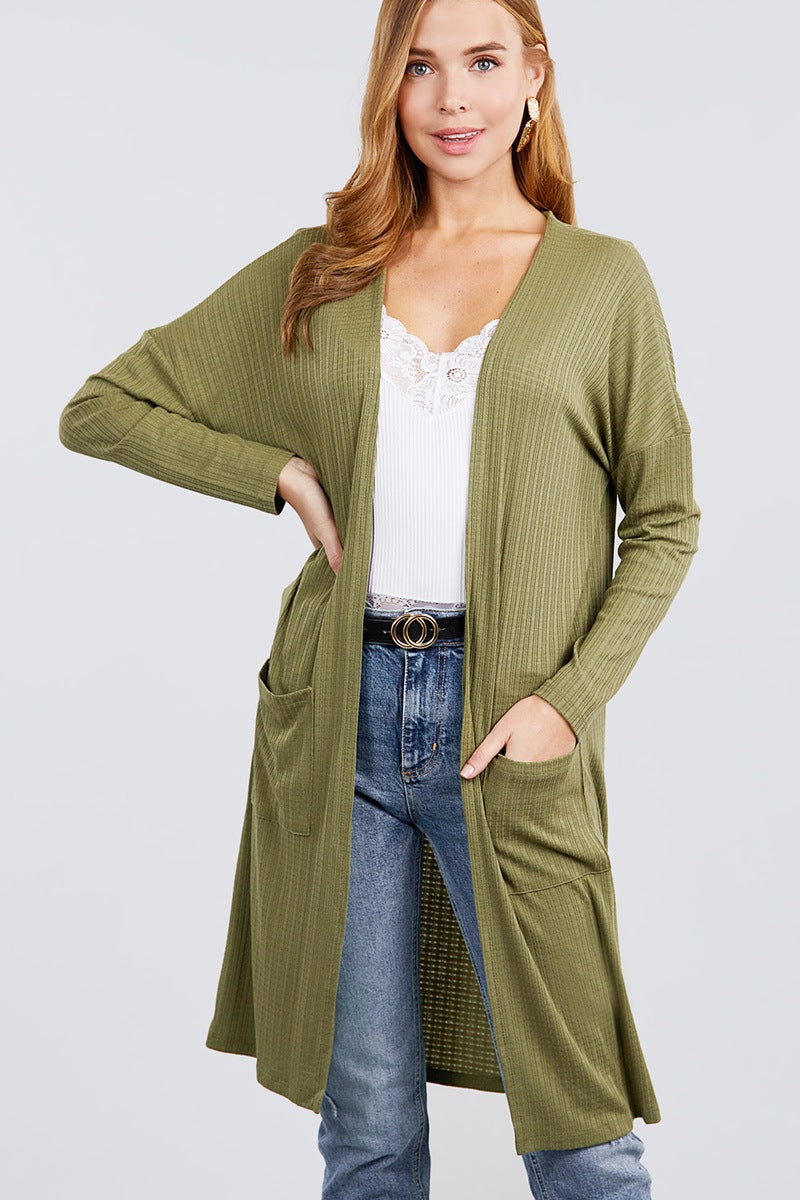 Long Sleeve Pointelle Rib Long Cardigan with Pockets