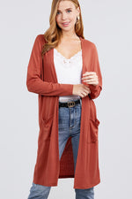 Load image into Gallery viewer, Long Dolman Sleeve Open Front W/pocket Pointelle Rib Long Cardigan
