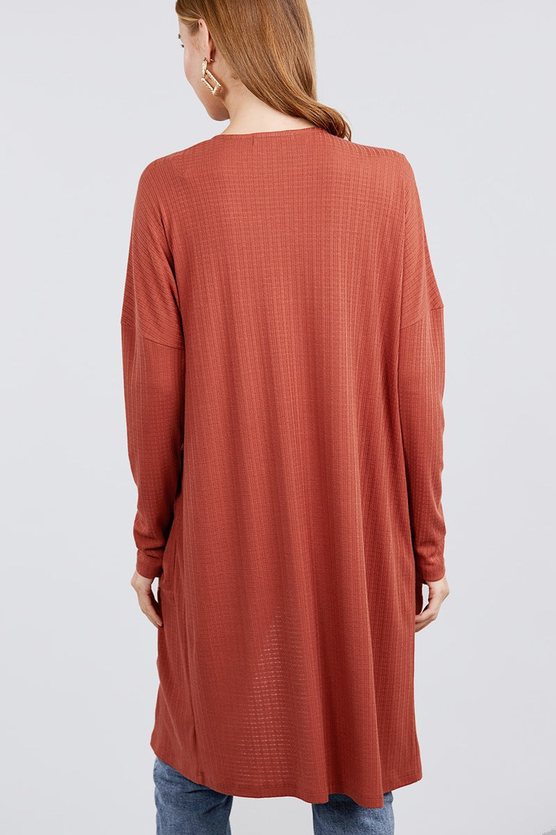 Long Dolman Sleeve Open Front W/pocket Pointelle Rib Long Cardigan