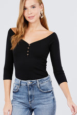 Load image into Gallery viewer, 3/4 Short Sleeve Button Down Detail Rib Knit Top
