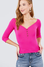 Load image into Gallery viewer, 3/4 Short Sleeve Button Down Detail Rib Knit Top
