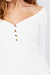 3/4 Short Sleeve Button Down Detail Rib Knit Top