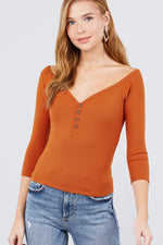 Load image into Gallery viewer, 3/4 Short Sleeve Button Down Detail Rib Knit Top
