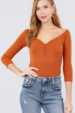 Load image into Gallery viewer, 3/4 Short Sleeve Button Down Detail Rib Knit Top
