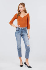 Load image into Gallery viewer, 3/4 Short Sleeve Button Down Detail Rib Knit Top
