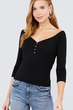 Load image into Gallery viewer, 3/4 Short Sleeve Button Down Detail Rib Knit Top
