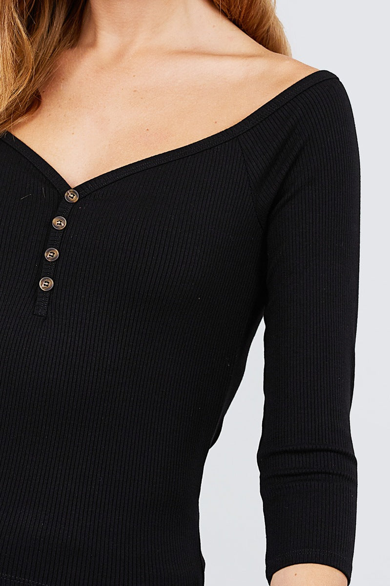 3/4 Short Sleeve Button Down Detail Rib Knit Top