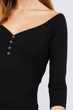 Load image into Gallery viewer, 3/4 Short Sleeve Button Down Detail Rib Knit Top
