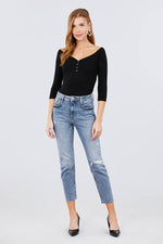 Load image into Gallery viewer, 3/4 Short Sleeve Button Down Detail Rib Knit Top
