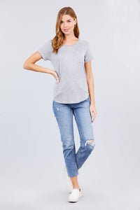 Short Raglan Sleeve Round Neck Rayon Spandex Top with Pocket