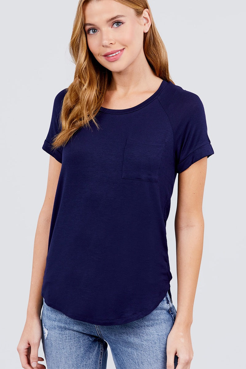 Short Raglan Sleeve Round Neck Rayon Spandex Top with Pocket