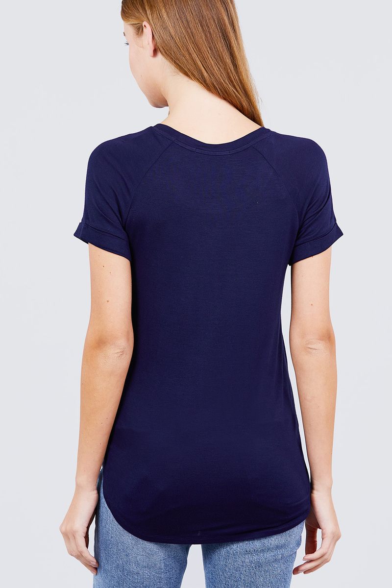 Short Raglan Sleeve Round Neck Rayon Spandex Top with Pocket