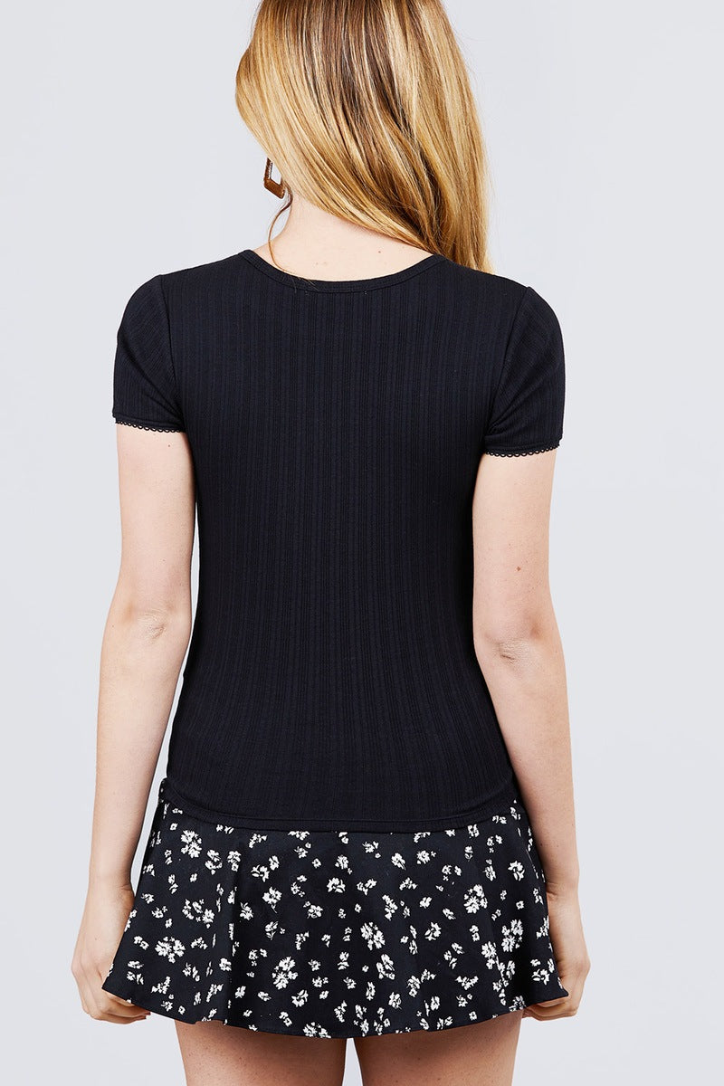 Short Sleeve Lace Trim Pointelle Knit Top