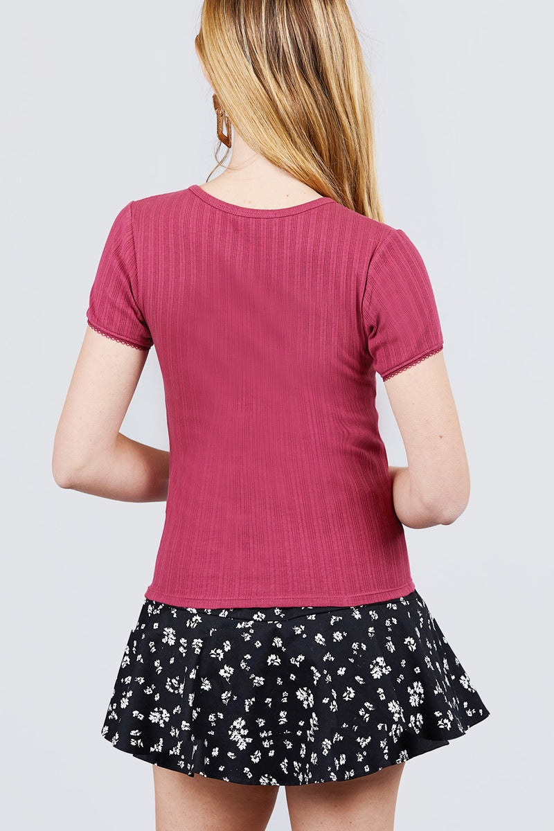 Short Sleeve Lace Trim Pointelle Knit Top