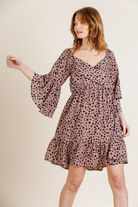 Dalmatian Print Ruffle Bell Sleeve Sweetheart Neckline Dress